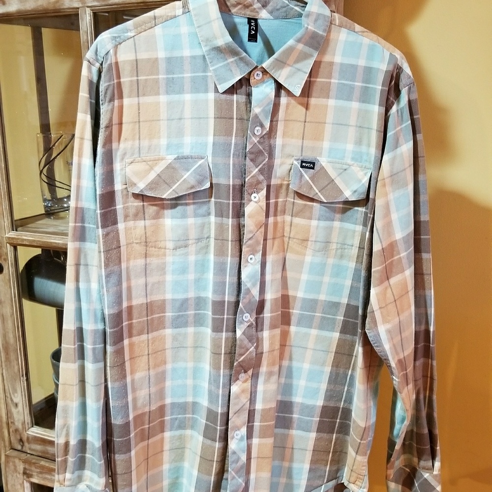 RVCA - Tan & Light Green Plaid Casual Shirt